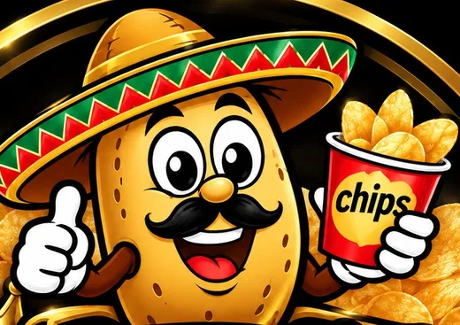 Mascota de Patrón Potato Chips: una papa sonriente con sombrero